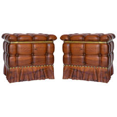 Pair of Tufted Carved Wood Stools