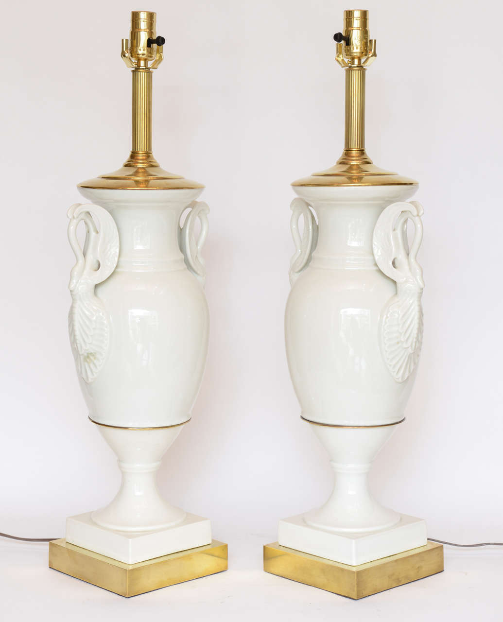 Italian Pair of Swan Porcelain & Brass Lamps