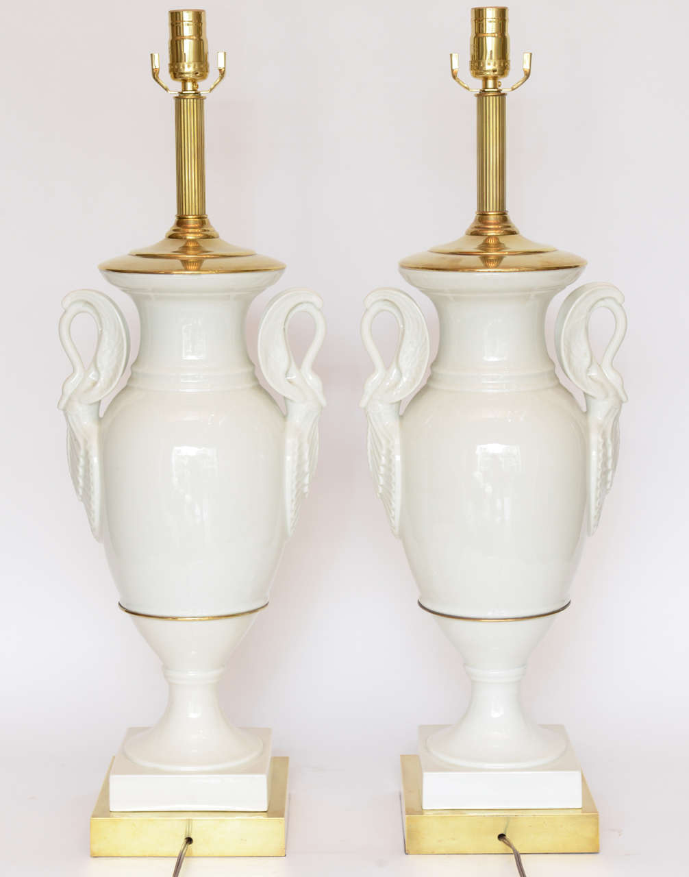 20th Century Pair of Swan Porcelain & Brass Lamps