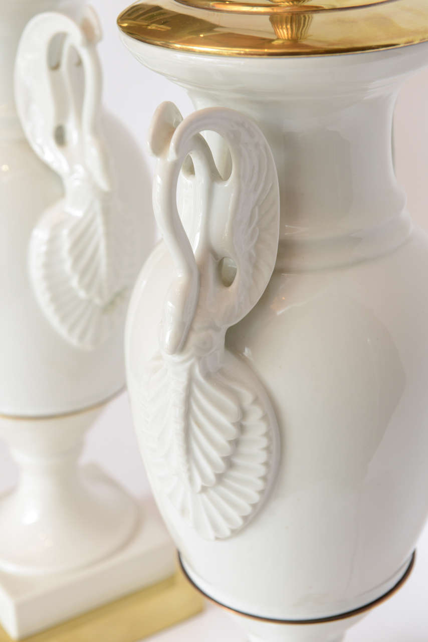 Pair of Swan Porcelain & Brass Lamps 5