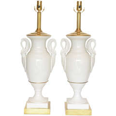 Pair of Swan Porcelain & Brass Lamps