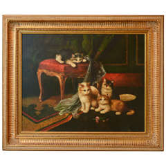 Framed Oil on Canvas "Kittens Grouping"