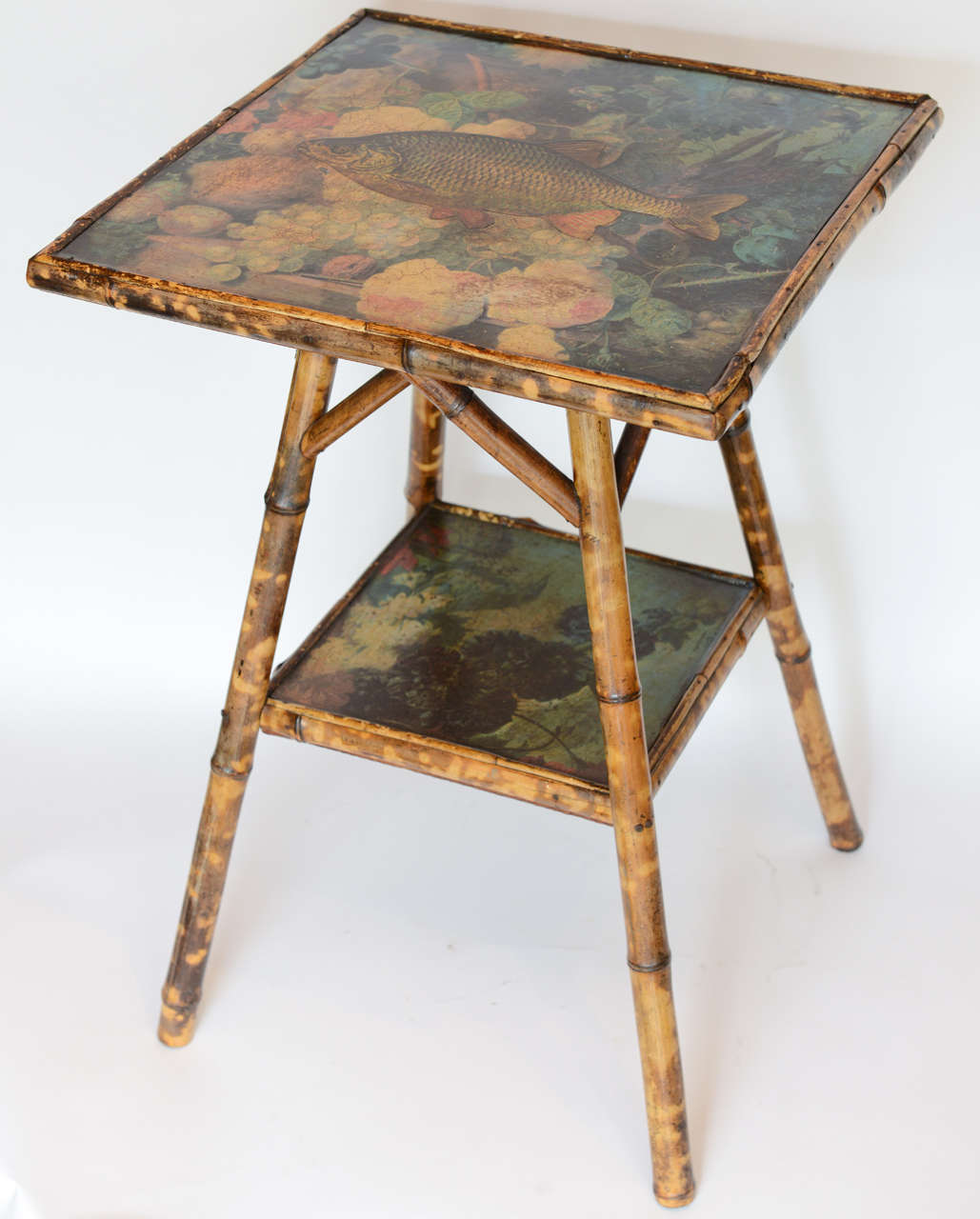 Antique Two-Tier Decoupage Bamboo Table