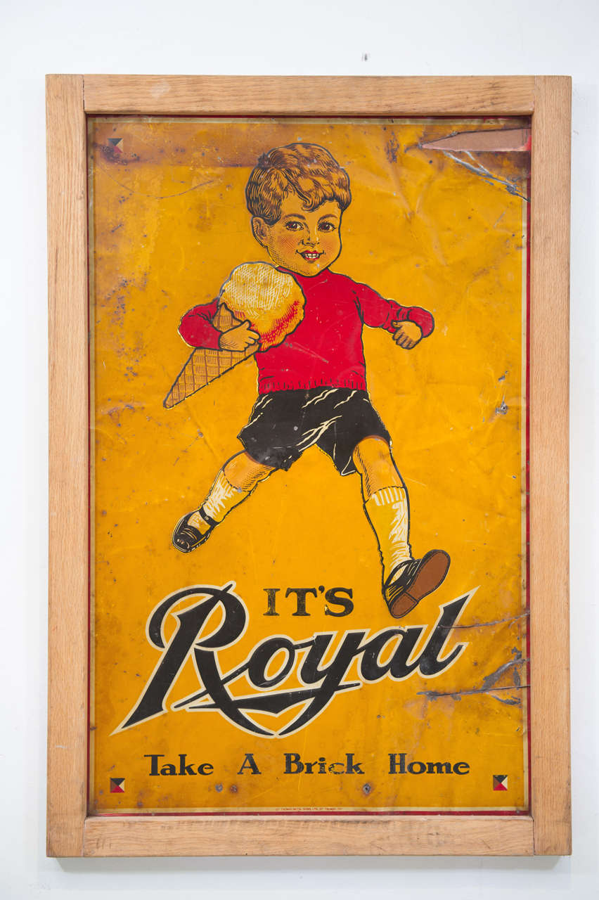 A charming early metal sign depicting a happy cherubic
boy cradling a large ice cream cone from the Royal Ice Cream
Company of Manchester CT. The family run company was founded in 1926 and is still owned and operated by the family today. The sign