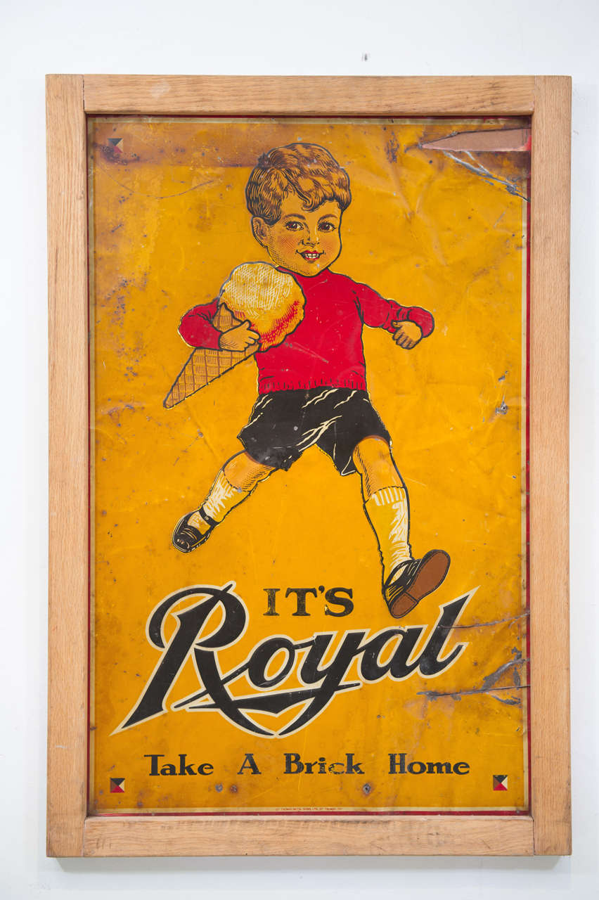 A charming early metal sign depicting a happy cherubic
boy cradling a large ice cream cone from the Royal Ice Cream
Company of Manchester CT. The family run company was founded in 1926 and is still owned and operated by the family today. The sign