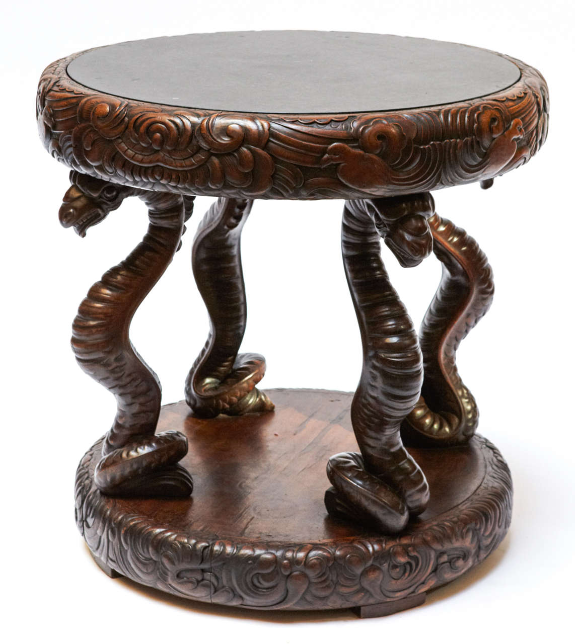 19th century Chinese chiseled and carved wood center sculpture table, with amazing black stone top.