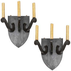 Large Pair of Castle Wooden Shield Shaped Wall Lights.