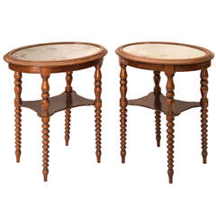 Antique Pair of 19c. Oval Bobbin Turned Tables with Mirrored Tops