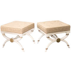 Pair of Italian X-frame Stools on Painted and Parcel Gilt Frame