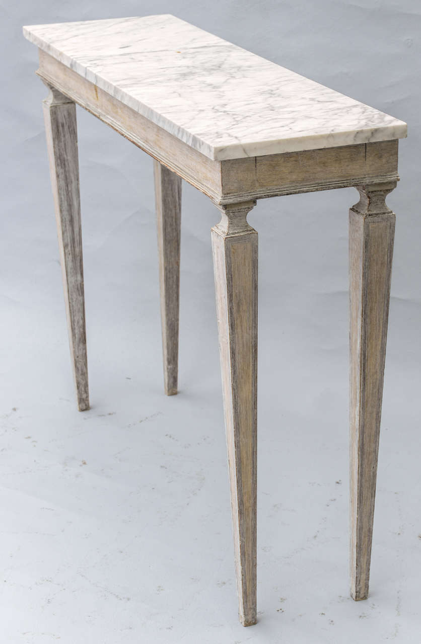 Italian Pair of Narrow Painted Console Tables with Marble Tops