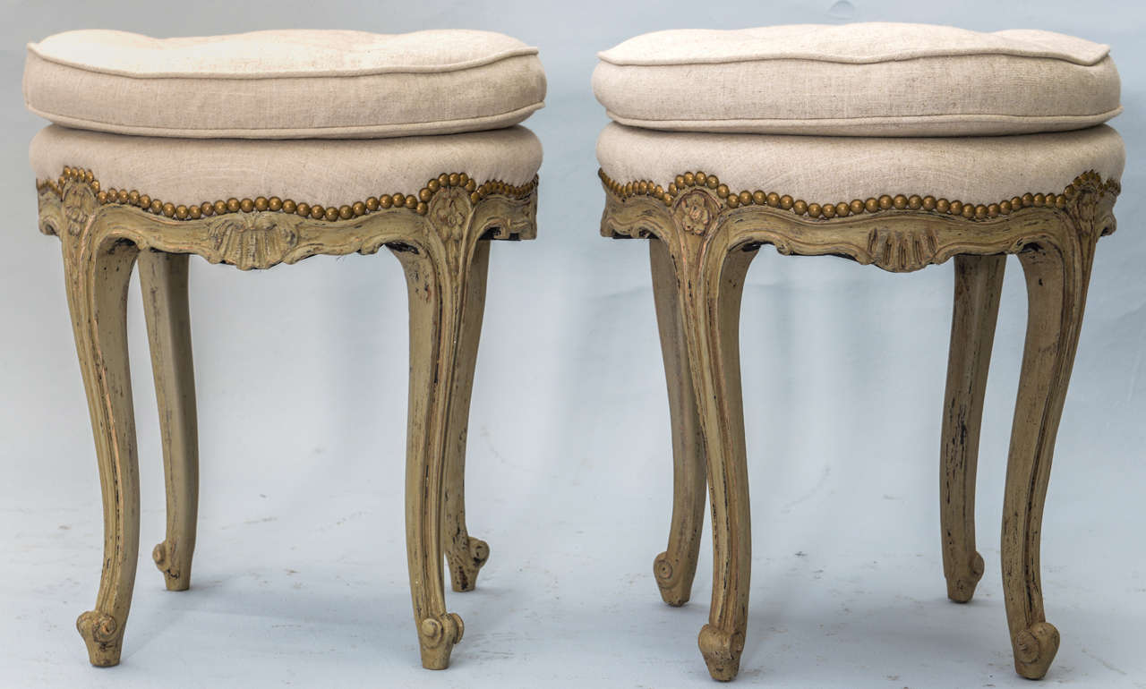 French Pair of Louis XV Style Painted Stools
