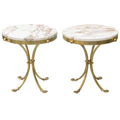 Pair of Mid-century Brass Accent Tables with Marble Tops