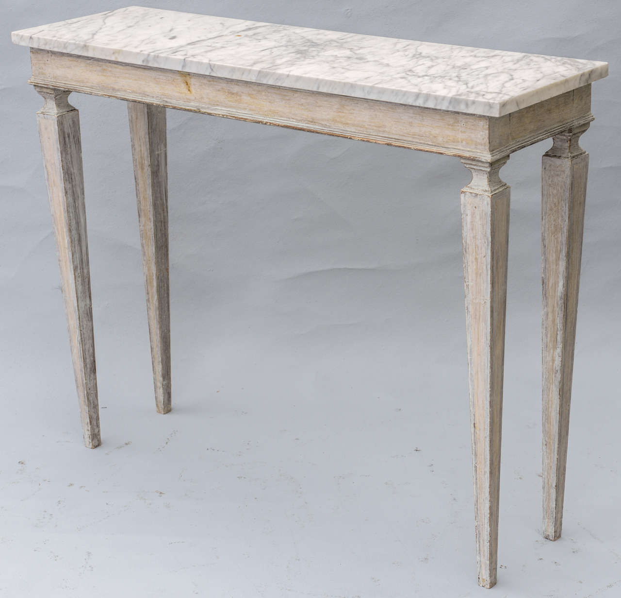 Pair of Narrow Painted Console Tables with Marble Tops at 1stDibs