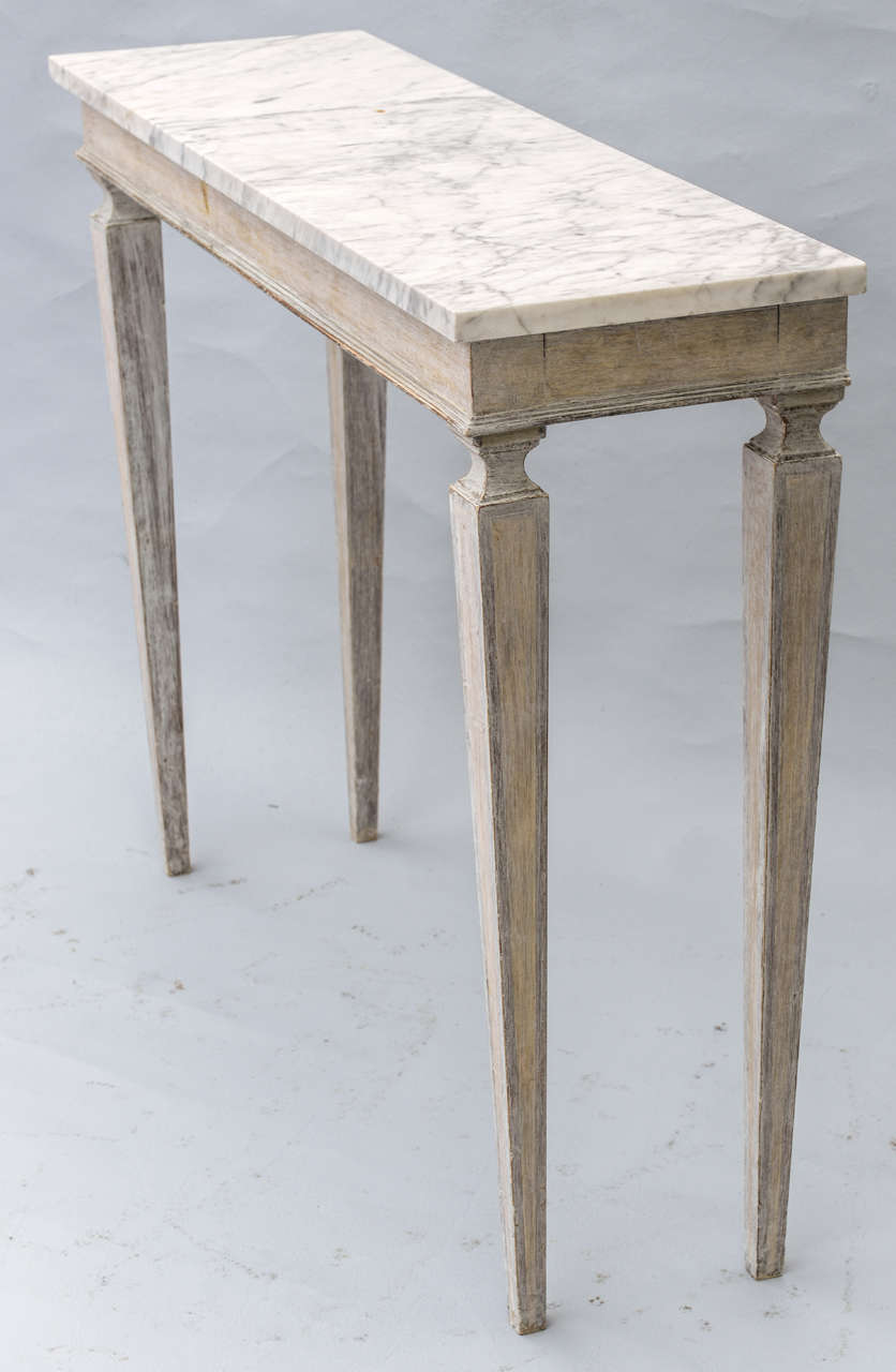 Pair of Narrow Painted Console Tables with Marble Tops at 1stDibs