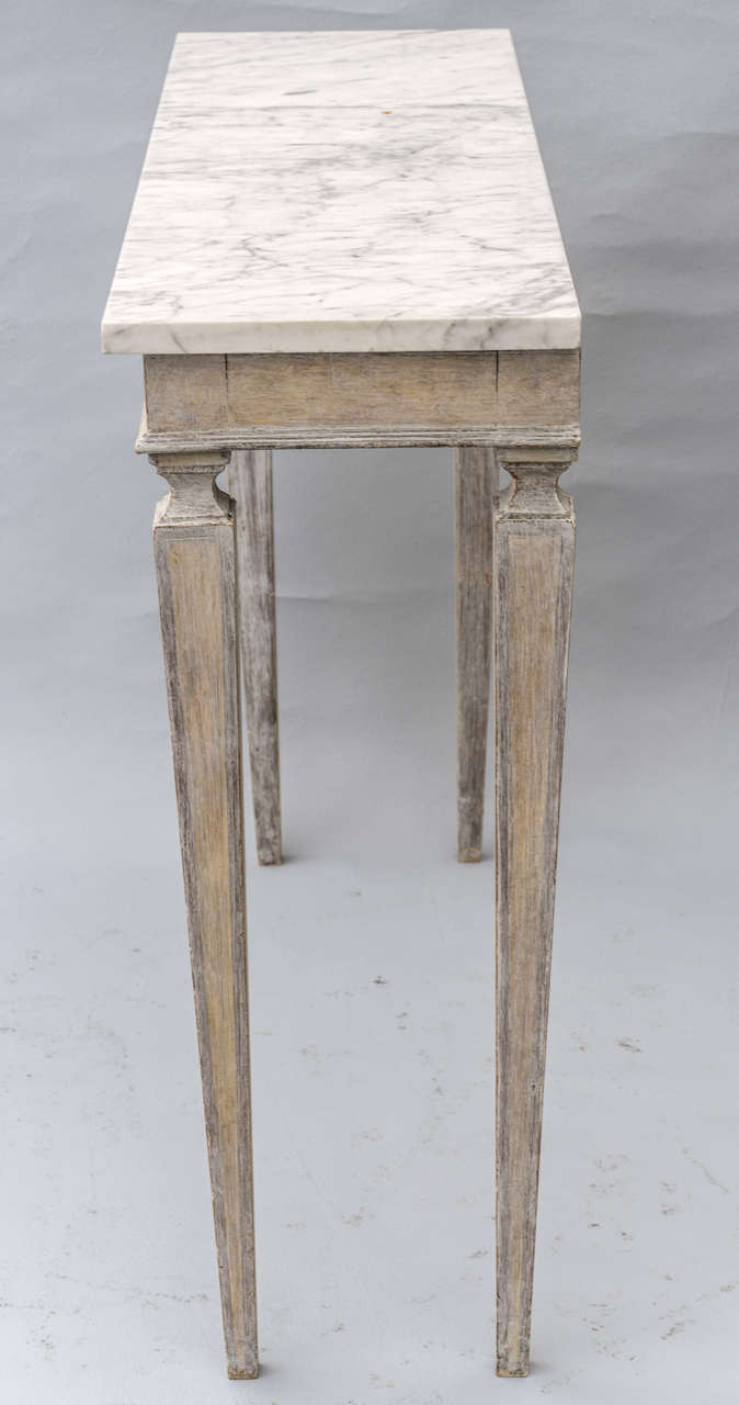 Pair of Narrow Painted Console Tables with Marble Tops at 1stDibs