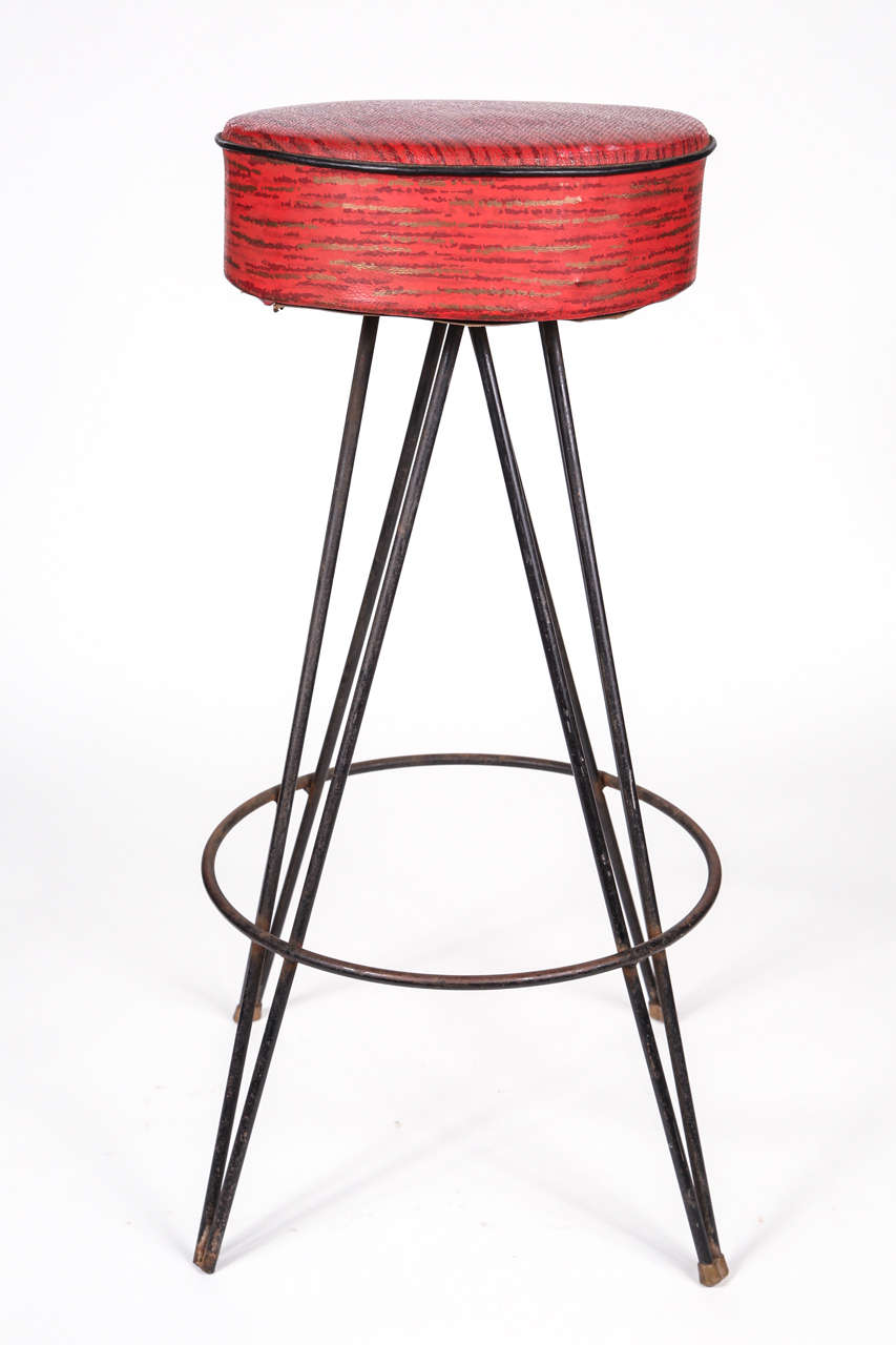 Steel 1950s Red Vinyl Stools with Hairpin Legs For Sale