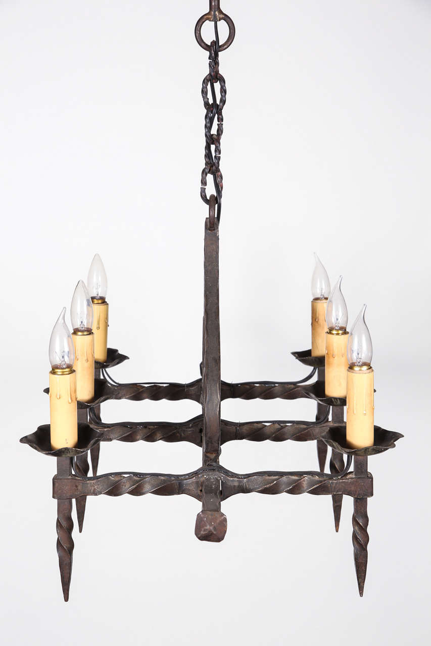 Six Candle Wrought Iron Chandelier from Belgium For Sale at 1stDibs