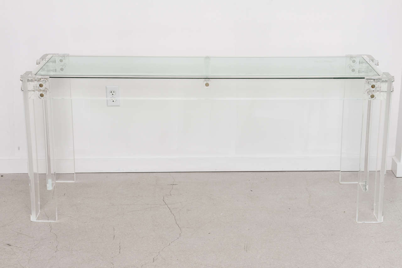 Vintage rectangular Lucite console table with glass top.