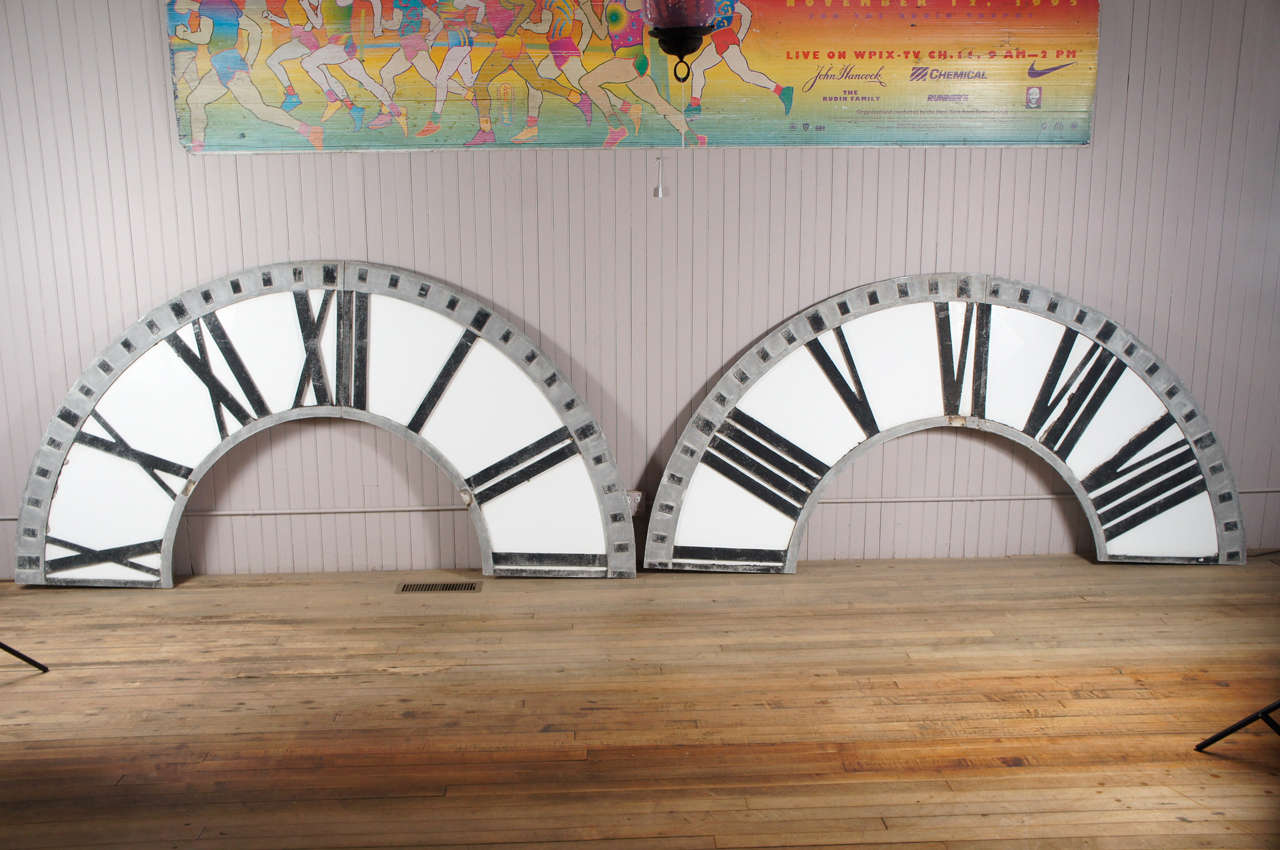 huge 19th c tower clock dial - by E. HOWARD - from a clock in Hyde Park, Mass. - oxidized cast metal frame - black sand numerals - milk glass panels - over 8' diameter - would make a stunning window