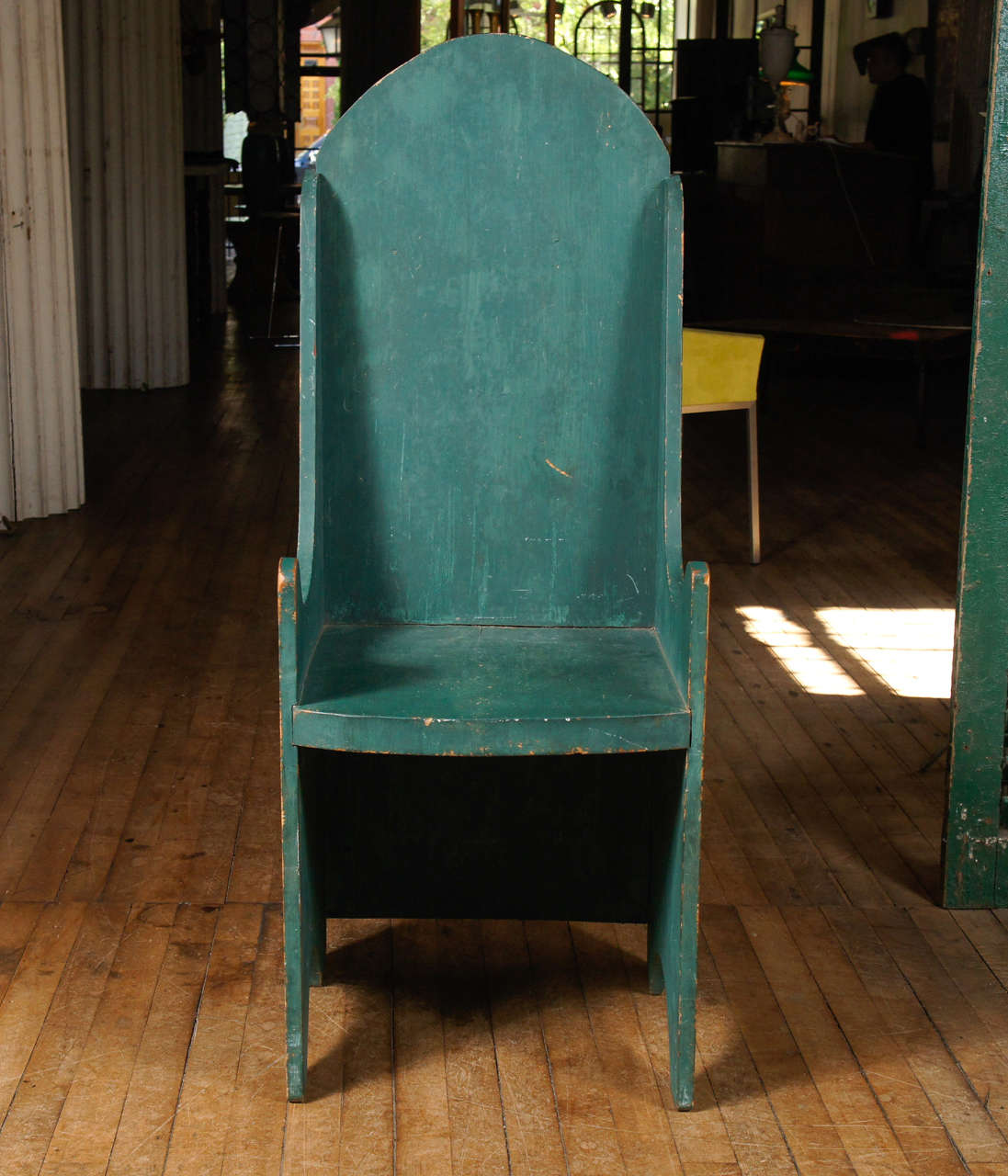 vibrant painted hearth or settle chair - found in Maine - appears to be single board width all around - nailed construction - fabulous patina