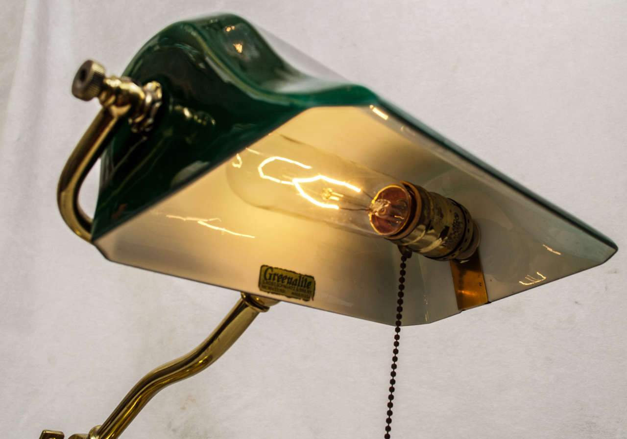 Banker's Desk Lamp with Cased Green Glass Shade In Excellent Condition In Petaluma, CA