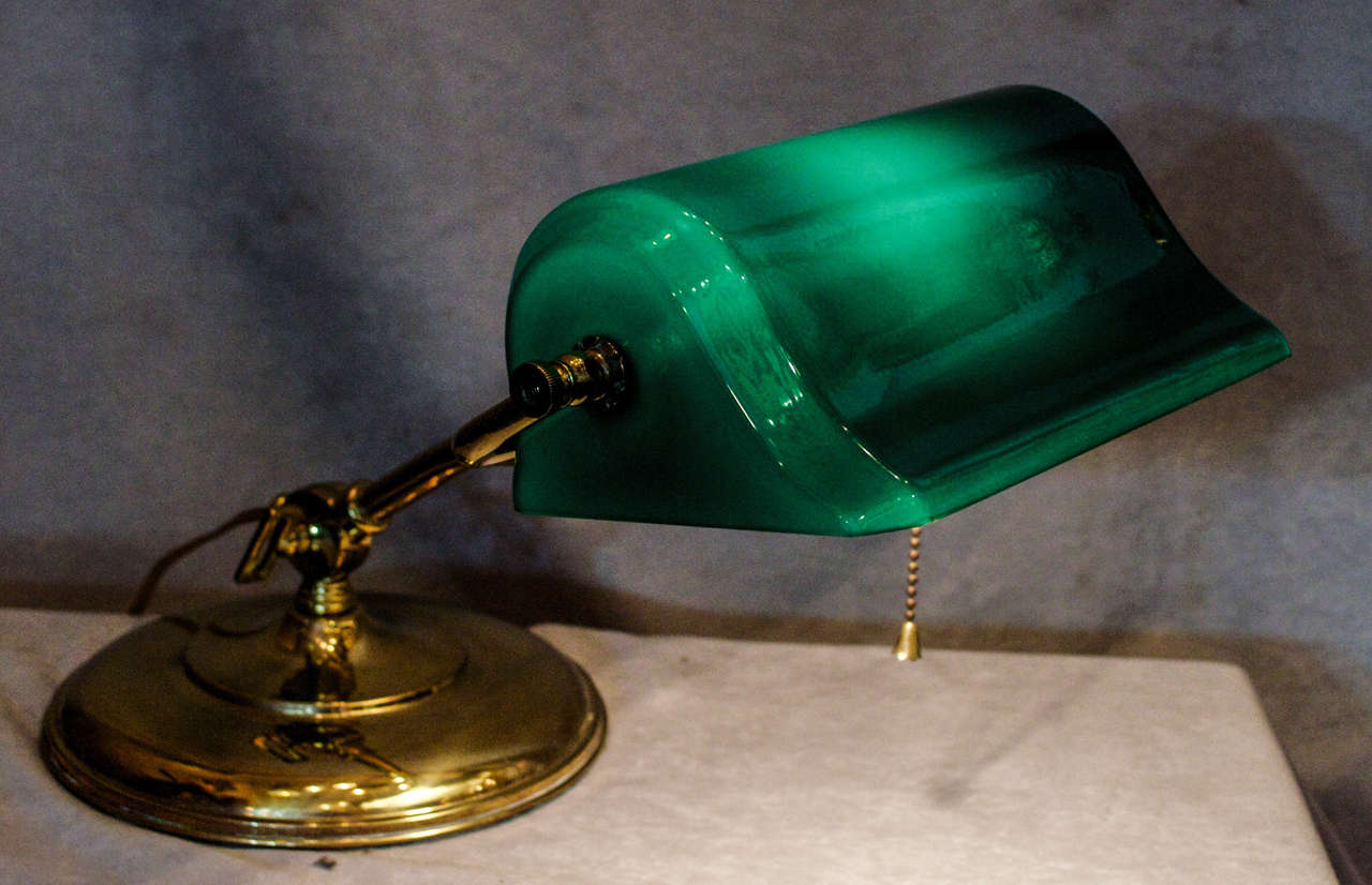 Brass Banker's Desk Lamp with Cased Green Glass Shade