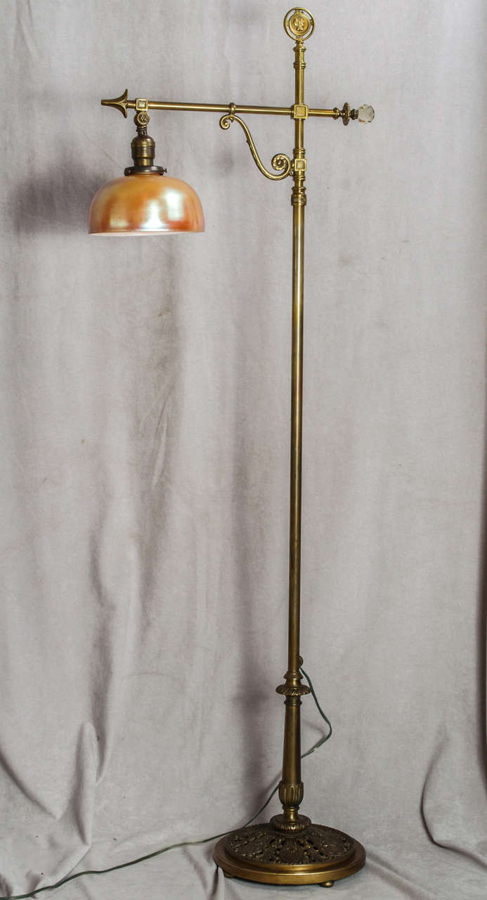 Adjustable Bronze Floor Lamp with Hand Blown Steuben Shade