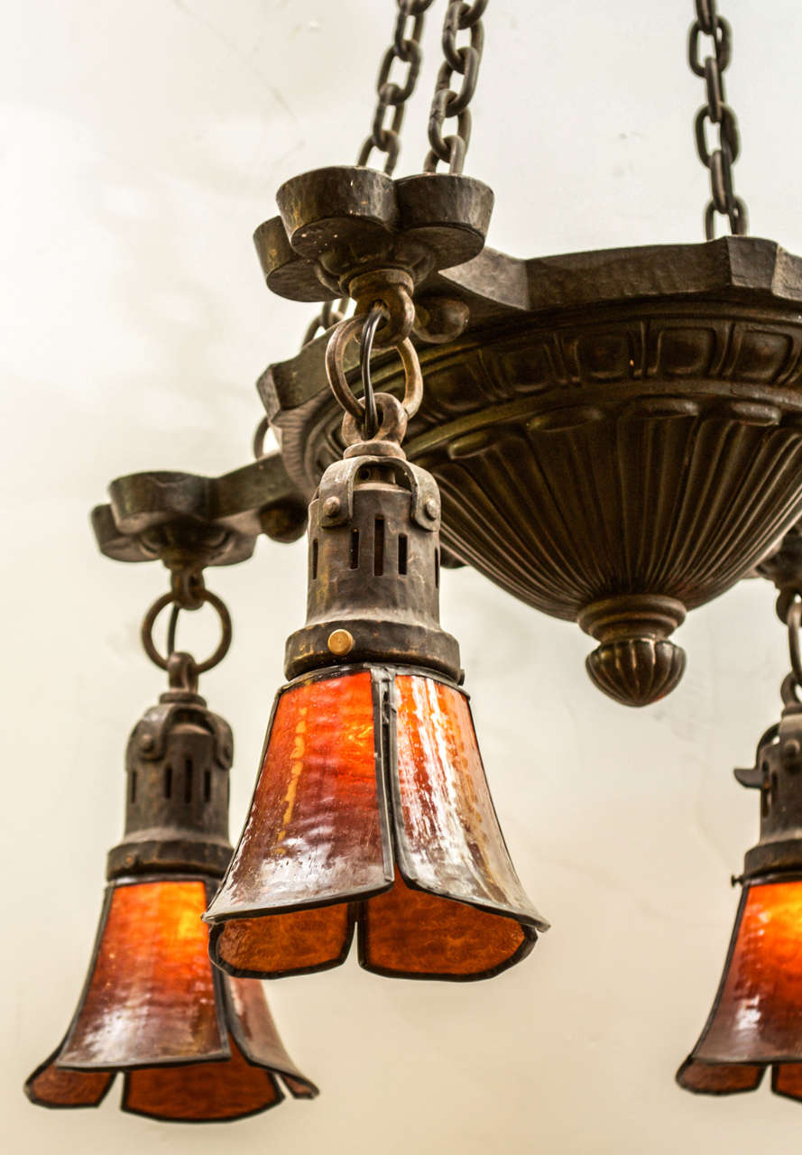Arts and Crafts Hammered Four Arm Chandelier In Excellent Condition In Petaluma, CA