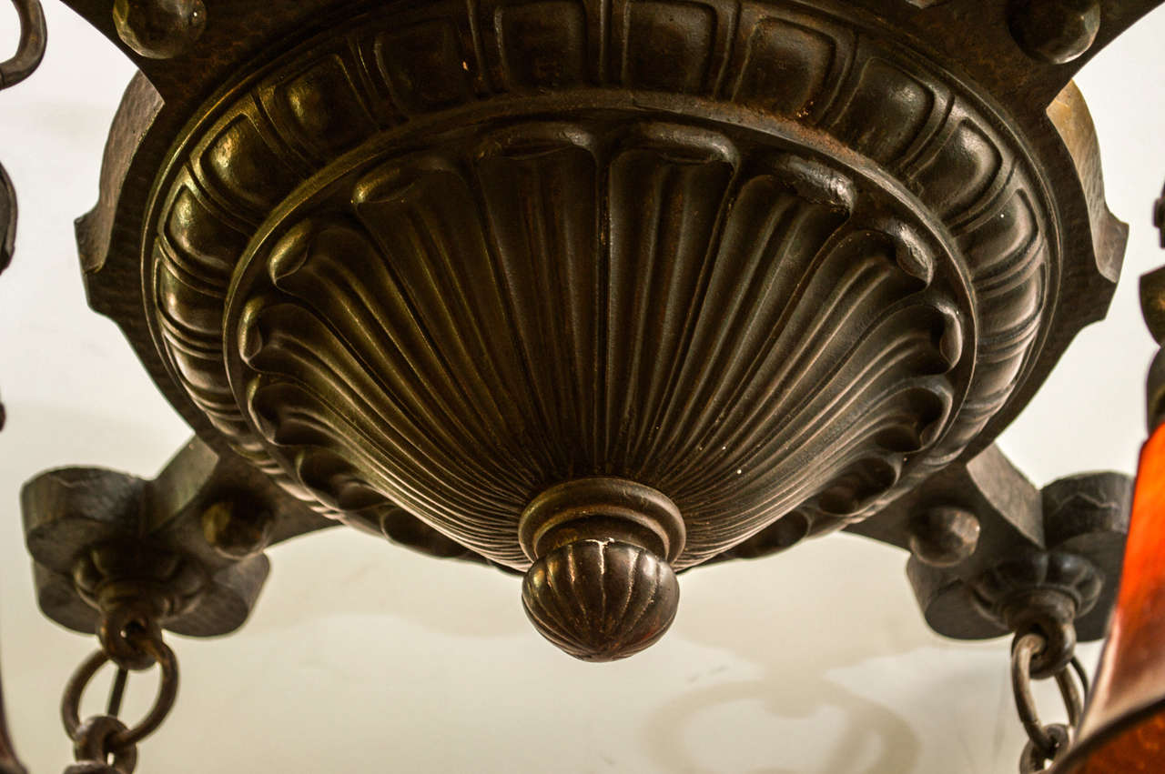20th Century Arts and Crafts Hammered Four Arm Chandelier