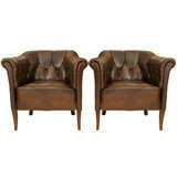 Pair of Swedish Leather Buttoned Tub Chairs