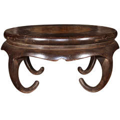 Antique Chinese Round Lacquered Wood & Stone Table