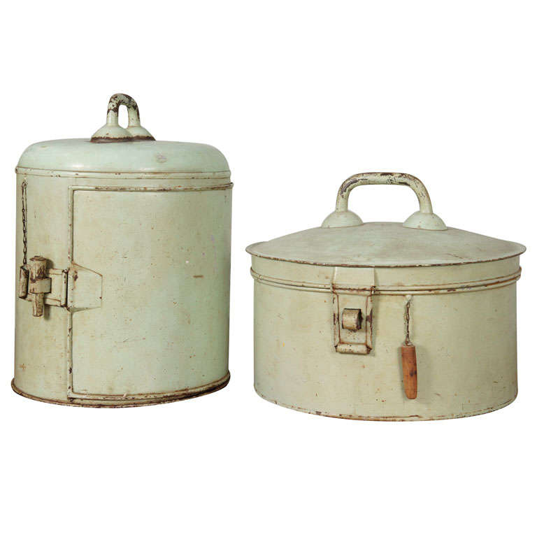 Two Cake Tins in Green Paint with Handles For Sale