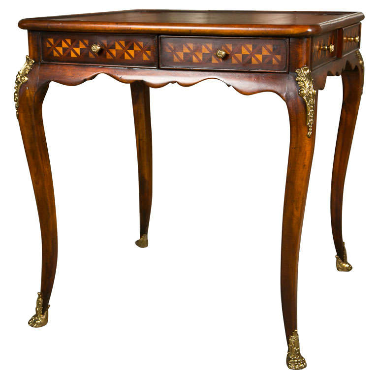 Marquetry and Leather Card Table For Sale