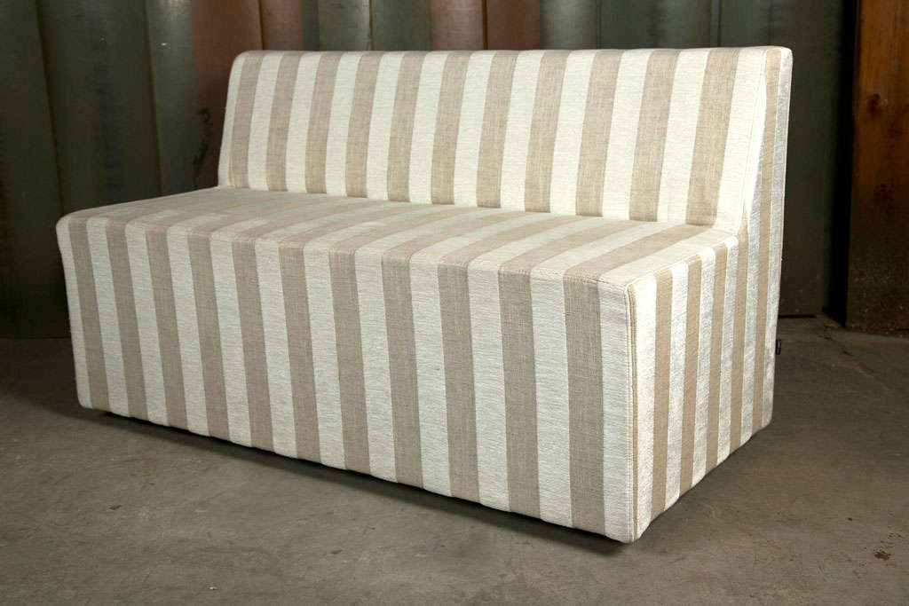 Armless bench on wheels-off white and biege stripe chenelle fabric- made by Gelderland Company Furniture in the Netherlands