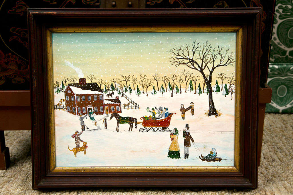 Christmas during snow storm at a 19th century farm.  Sleds, house, people and animals.  Oil on board attributed to Jane B. Bradley - Member, Silvermine Artists Association.