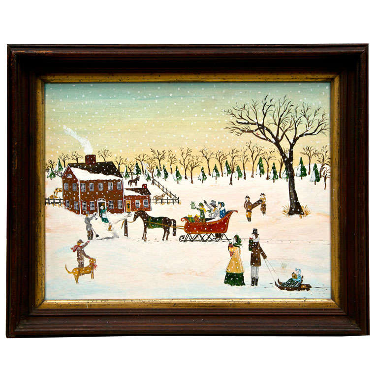 Oil Painting "Christmas Snow" in Primitive Style For Sale