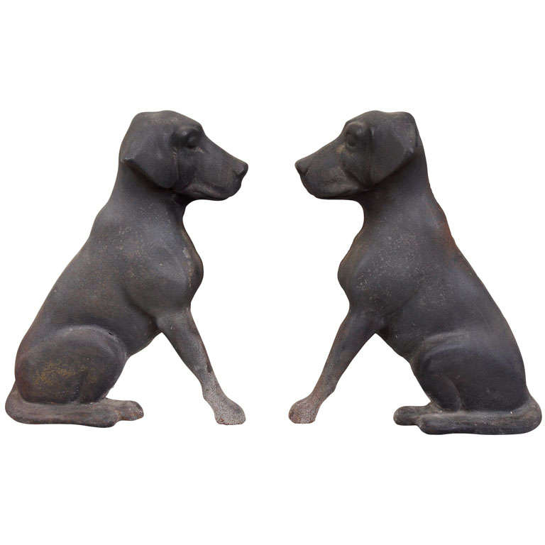 A Beautiful Pair of Vintage Cast Iron Labrador Pup  Andirons
