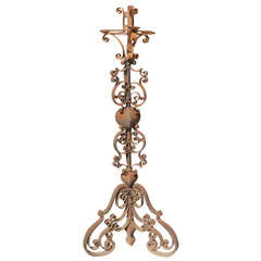 A Single Baroque Wrought Iron Italian Pricket Floor Candelabra