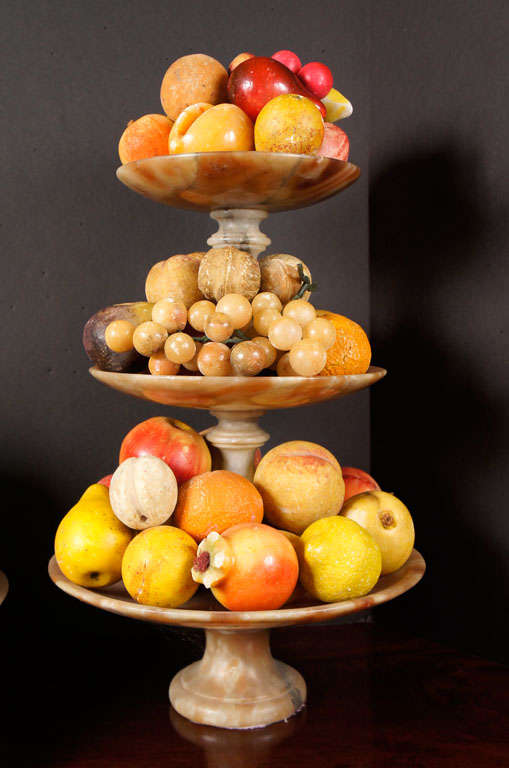 20th Century A Fine Collection of Carved & Painted Marble Fruit with Compotes