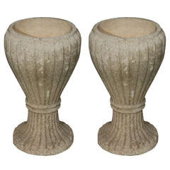 Pair of Tall Ribbed Concrete Urns