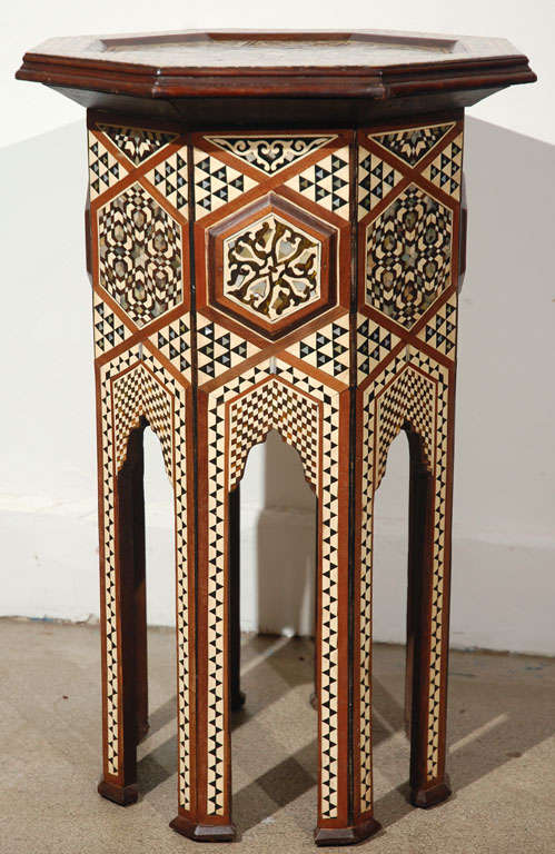 Ebony Moorish Syrian Octagonal Pedestal Table Inlaid with Mother of Pearl