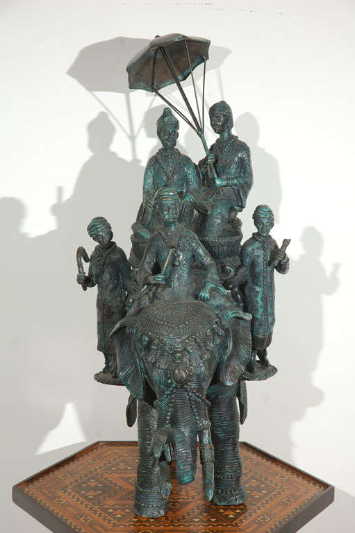 Hand-Crafted Maharajah on an Elephant Ride, Patinated Sculpture