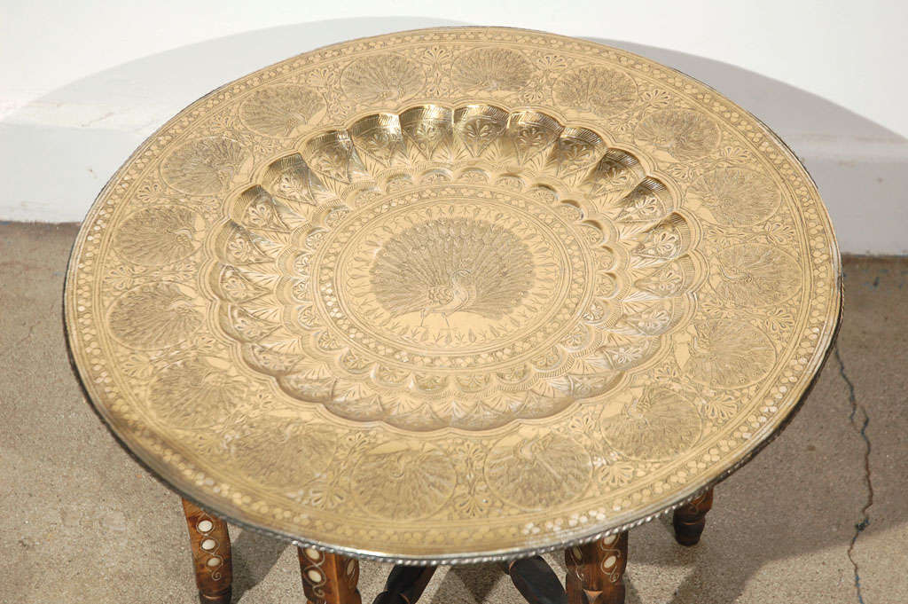Moroccan Brass Tray Table on folding stand In Fair Condition In North Hollywood, CA