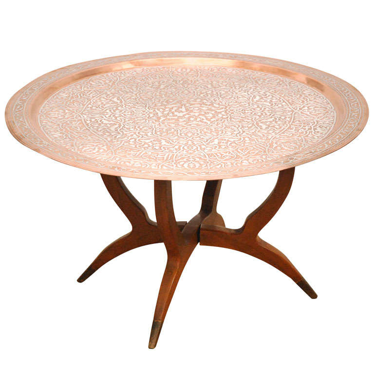 Islamic Middle Eastern Copper Tray Table With Calligraphy