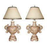 Carved Italian Silver-leaf Urn Lamps with Custom Shades