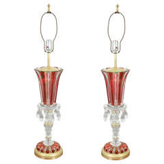 Pair of White and Red Glass Table Lamps.