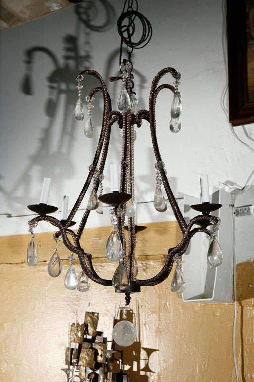 1980'S Six LIGHTS ROCK CRYSTAL CHANDELIER WITH DARK BROWN IRON FRAME.