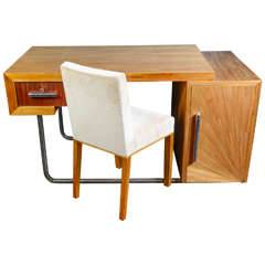 Extraordinary Desk in Straw Marquetry with Chair Attributed to Blanche Klotz