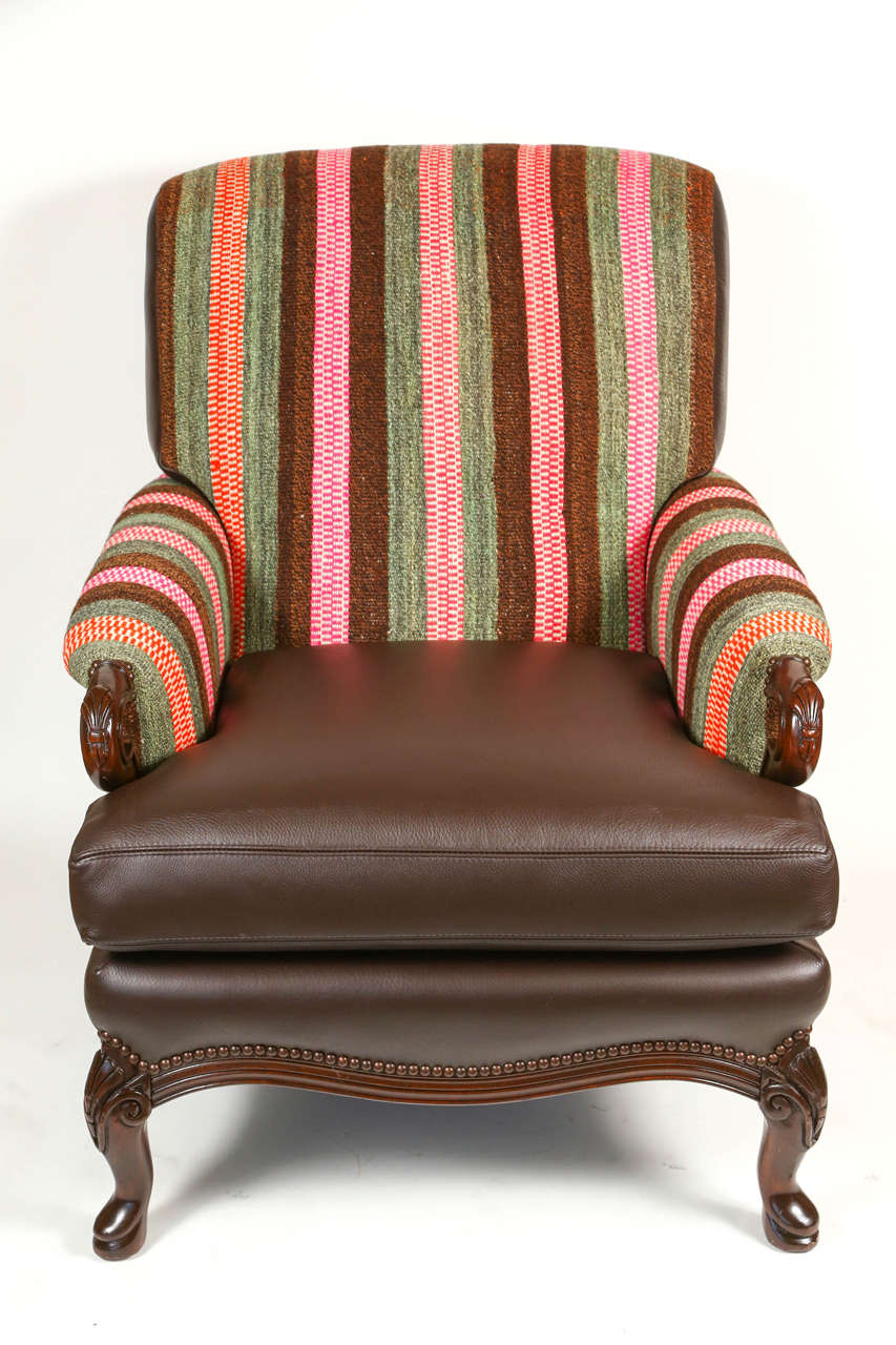 Vintage Armchair Upholstered in Wool Rug from Peru and a Leather Seat
