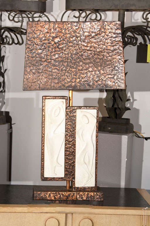 Mid Century Modern Copper Lamp wih Plaster Reliefs